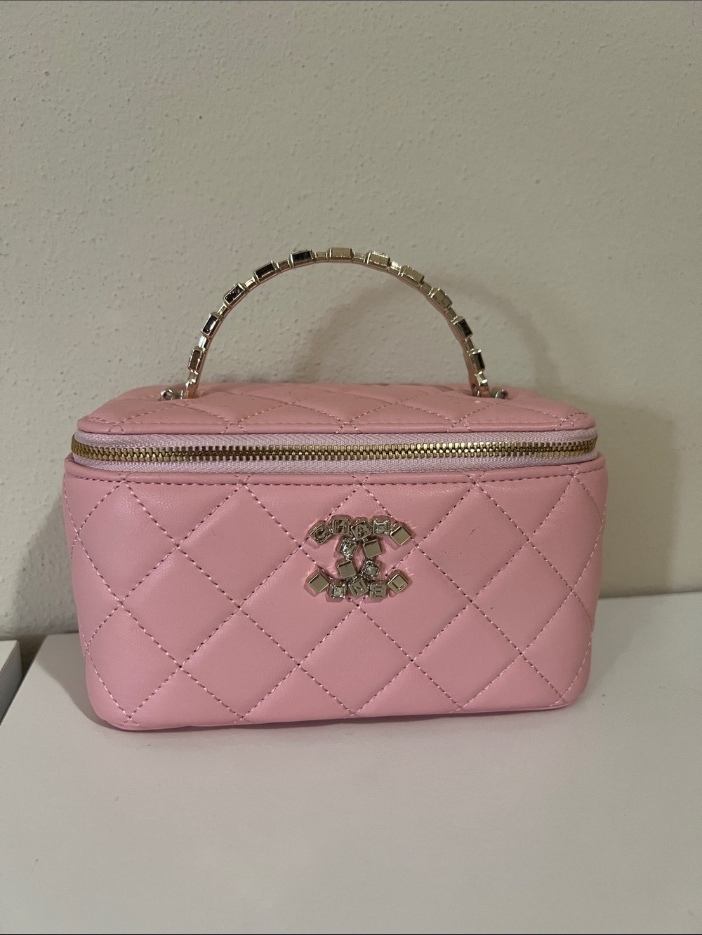 Pink Quilted Rhinestone Makeup case